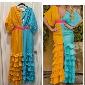 L’atiste by Amy Ruffled Colorful Maxi Dress Yellow/Blue 1X